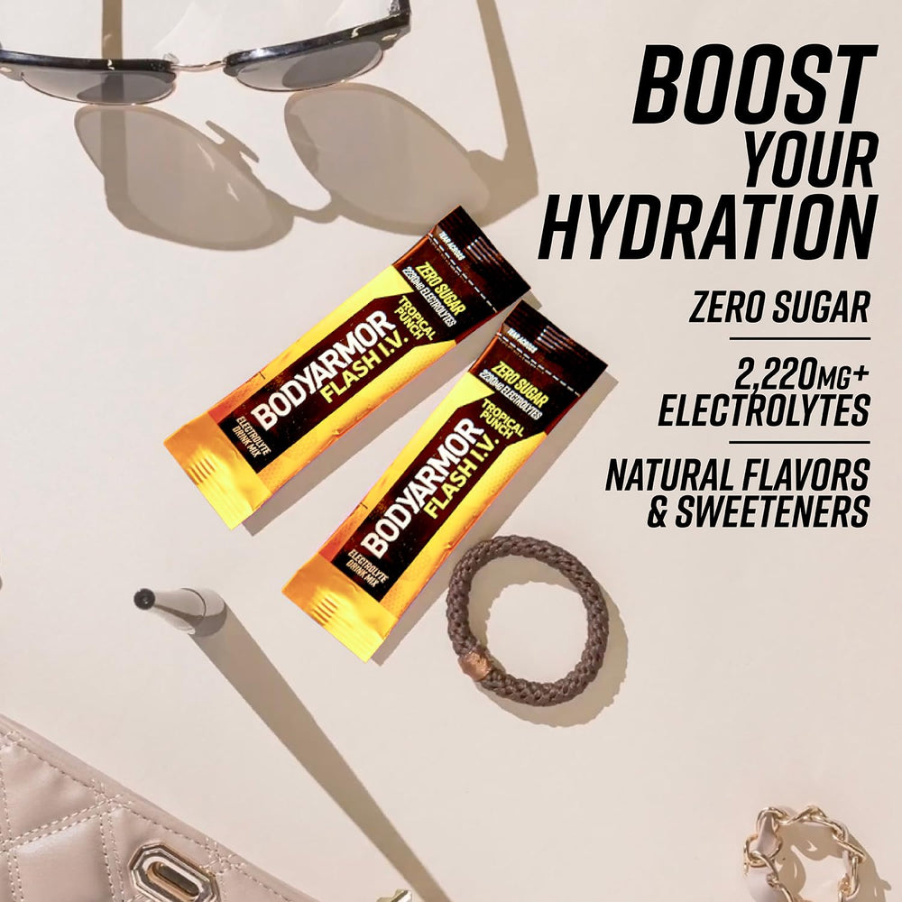 BODYARMOR Flash I.V. 15 calories per stick shown on packaging.