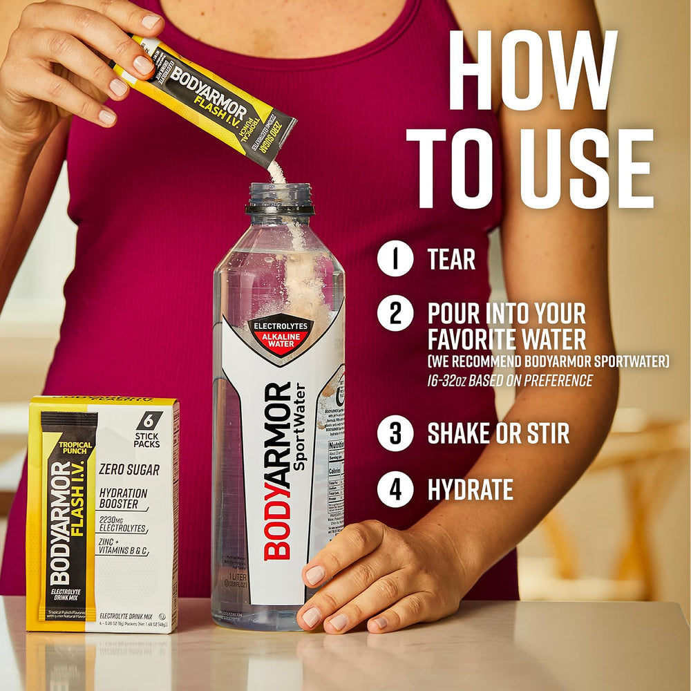 BODYARMOR Flash I.V. portable hydration solution in a gym bag.