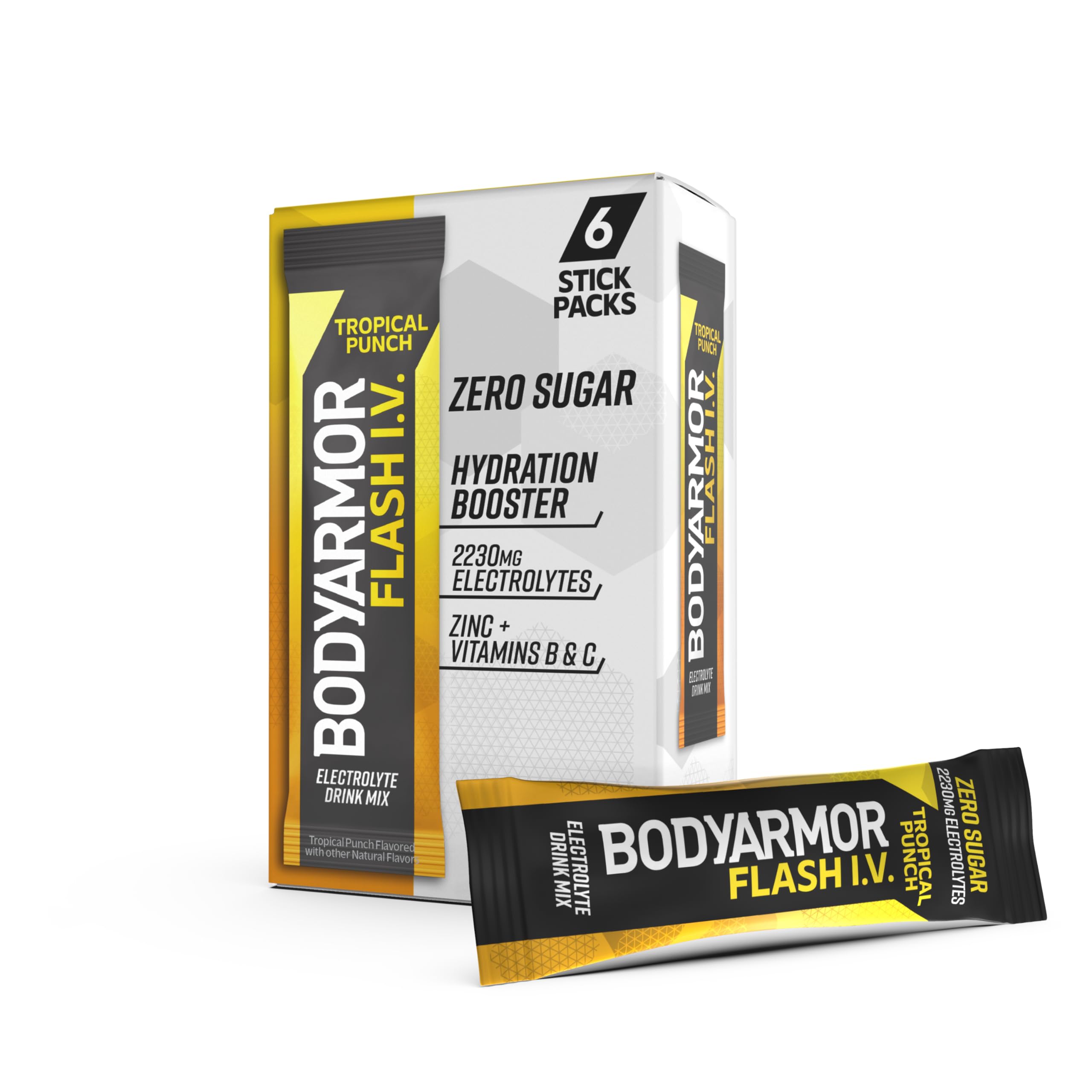 BODYARMOR Flash IV tropical punch packets front view for on-the-go hydration during workouts.
