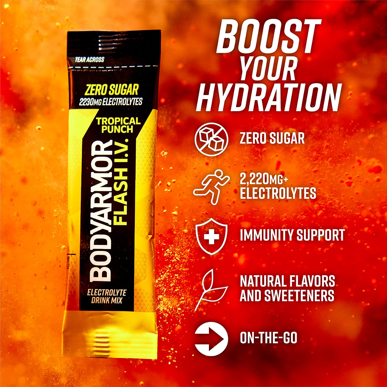 BODYARMOR Flash IV tropical punch packets being squeezed into a glass to mix quickly.