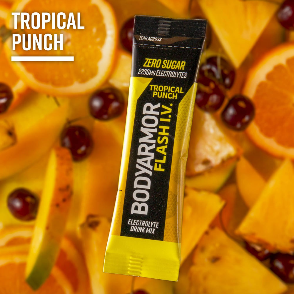 BODYARMOR Flash I.V. zero sugar label closeup on a packet.