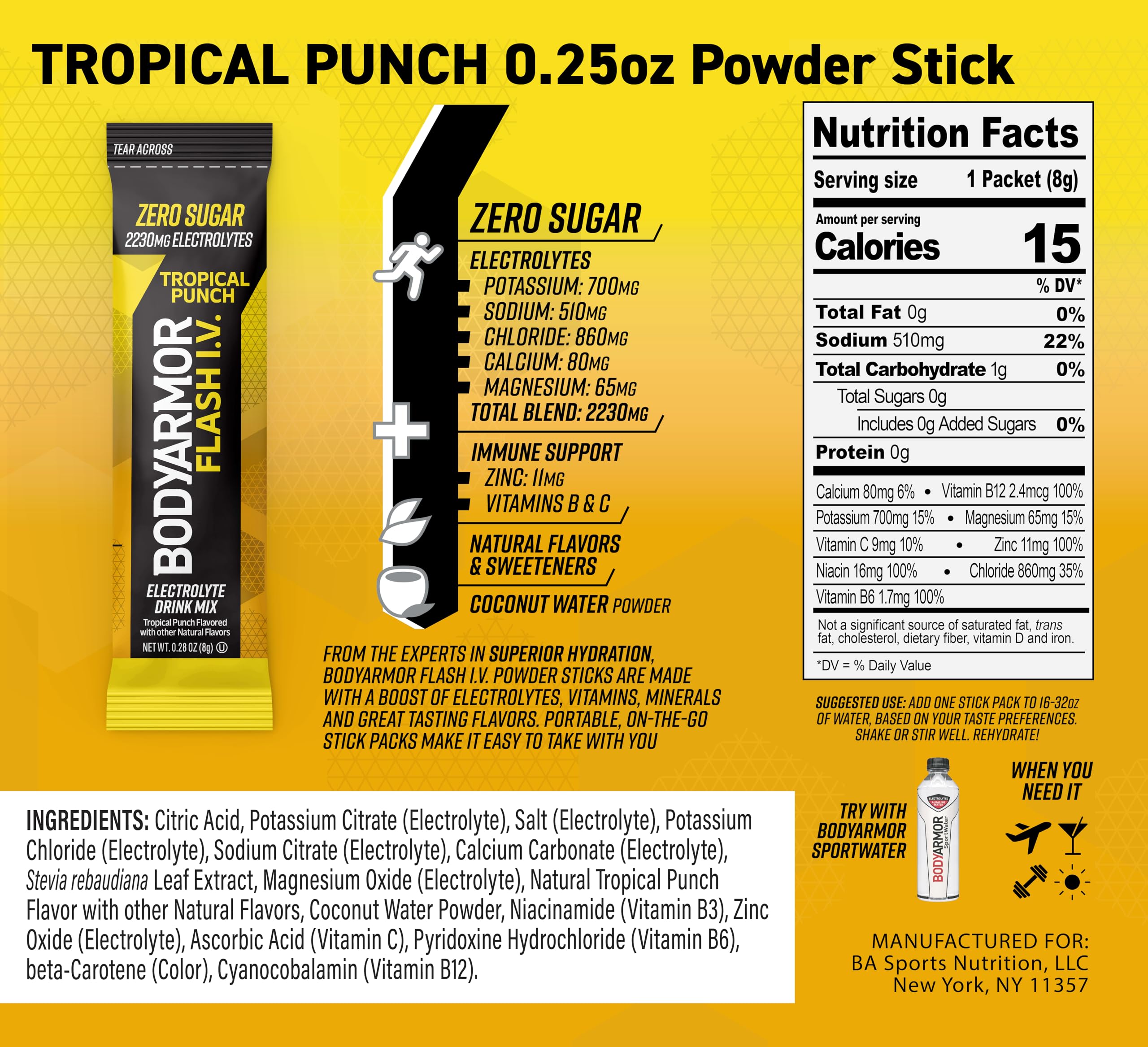 BODYARMOR Flash IV zero sugar label close-up highlighting sugar-free hydration option.