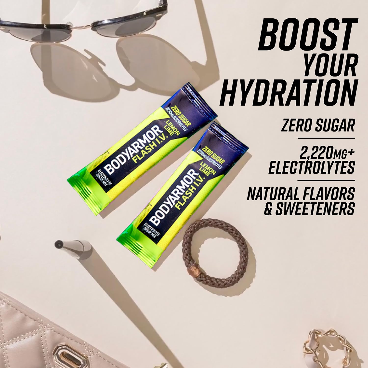 BODYARMOR Flash IV portable single-serve sticks for travel and gym bags.