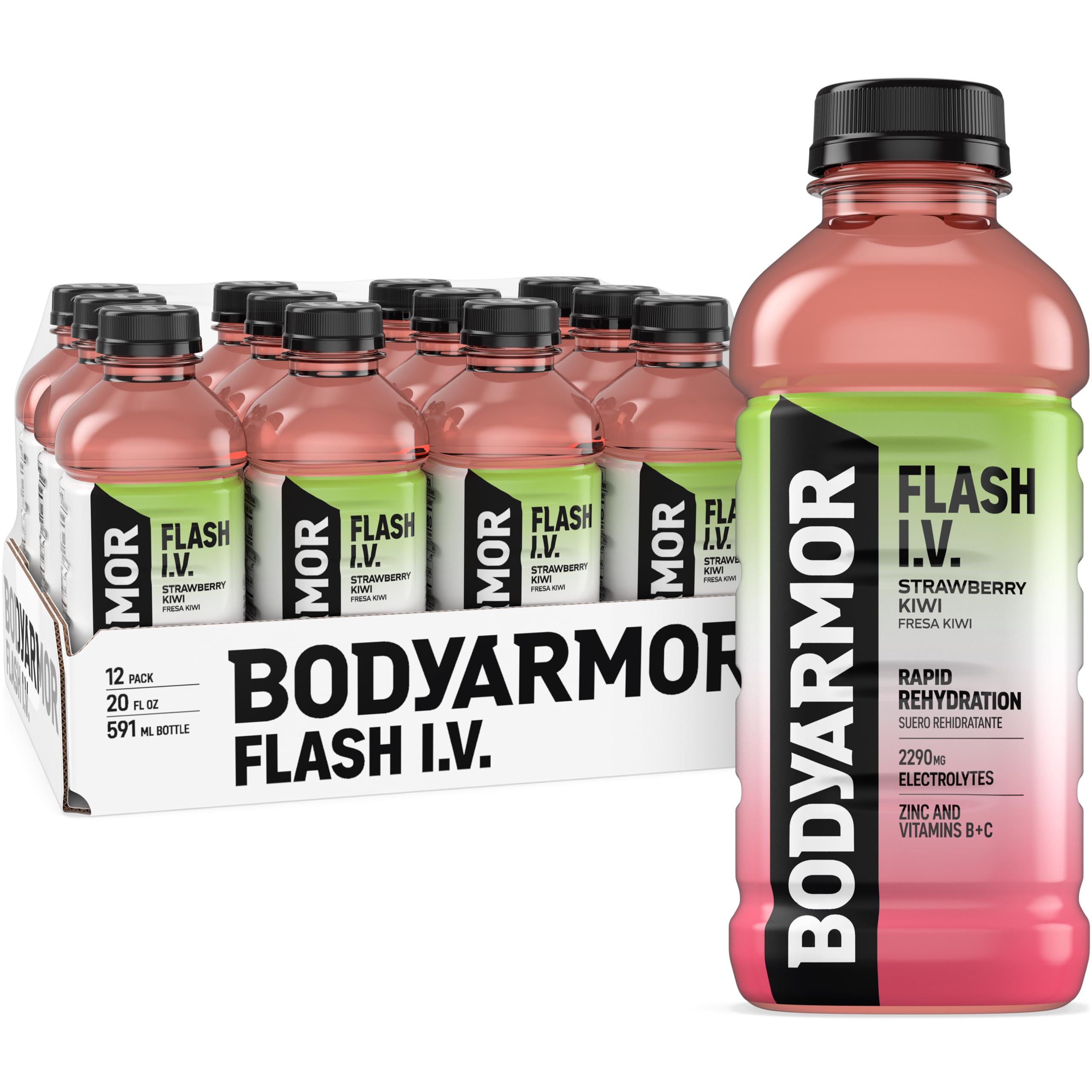 BODYARMOR Flash IV strawberry kiwi bottle for natural hydration after workouts.