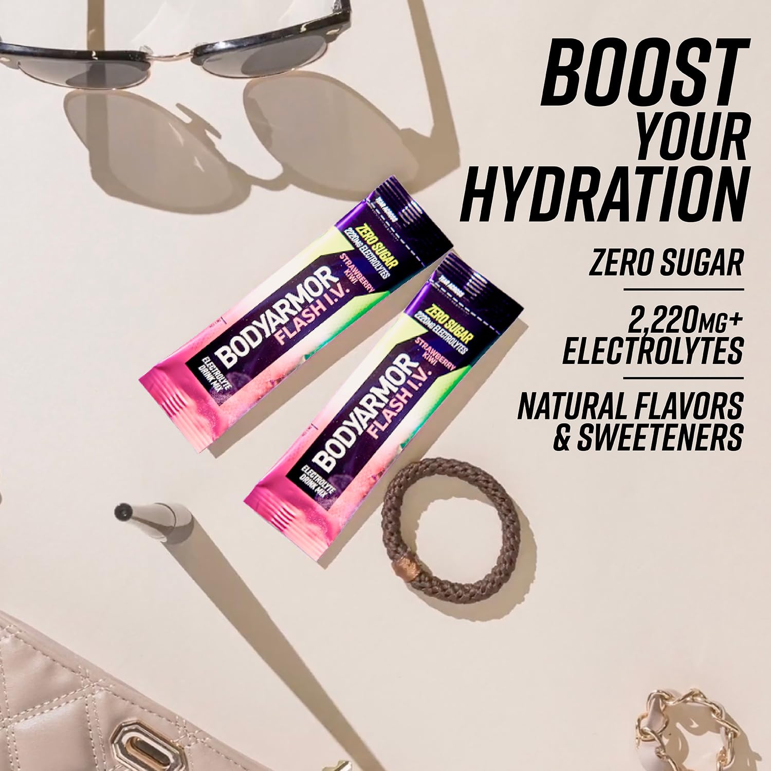 BODYARMOR Flash IV powder poured into water bottle for instantly boosted hydration.
