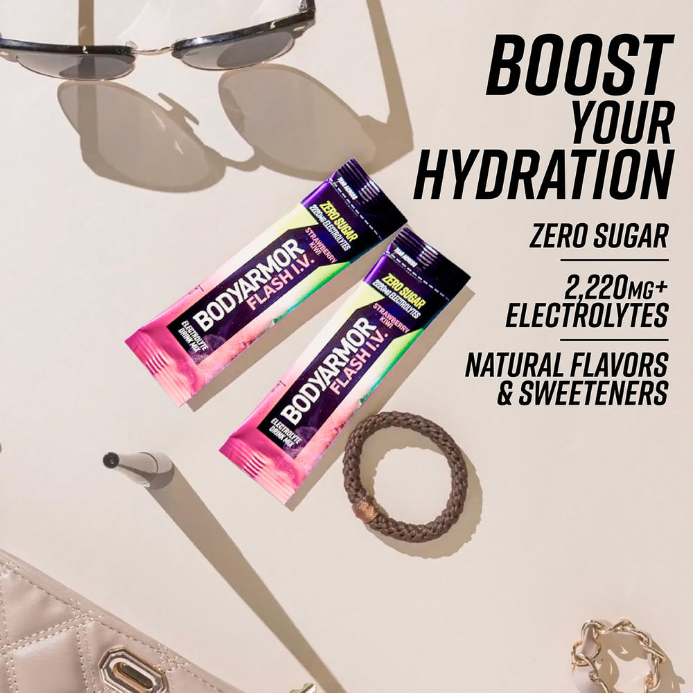 BODYARMOR Flash IV powder poured into water bottle for instantly boosted hydration.