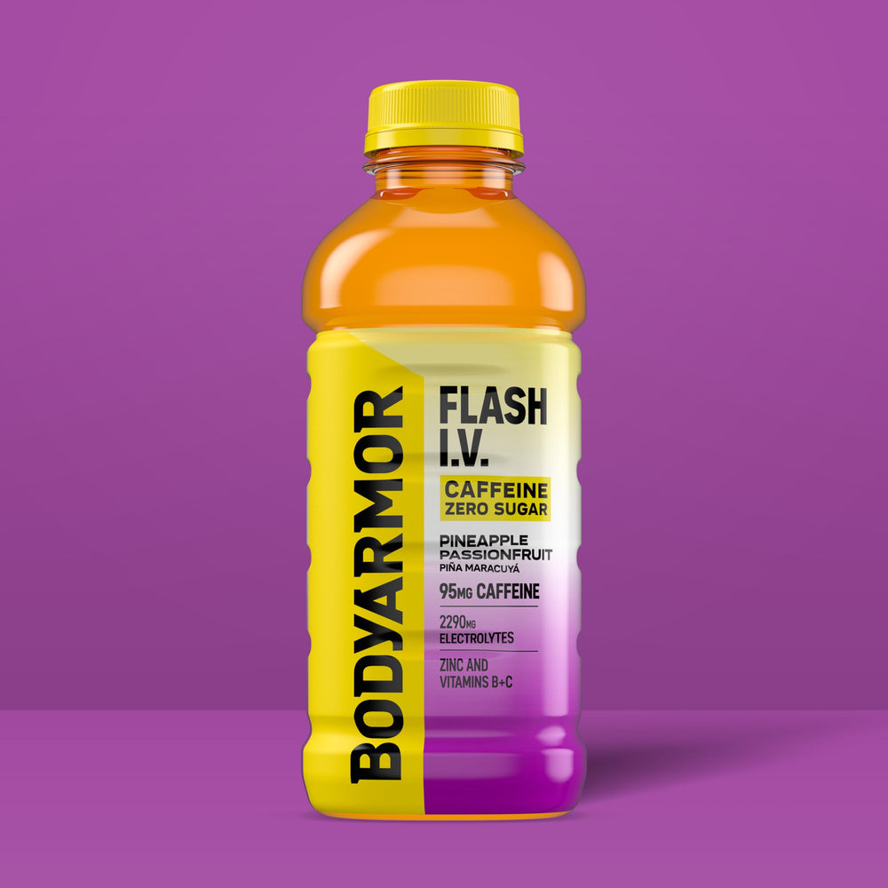 BODYARMOR Flash I.V. Zero Sugar 12-pack box shown for on-the-go hydration.