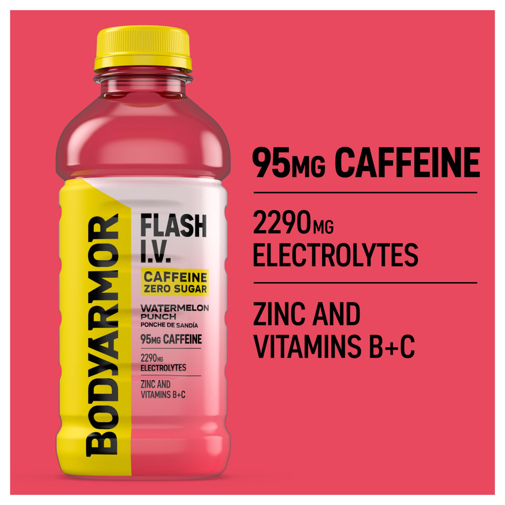 BODYARMOR Flash I.V. Zero Sugar label shows caffeine and no artificial additives