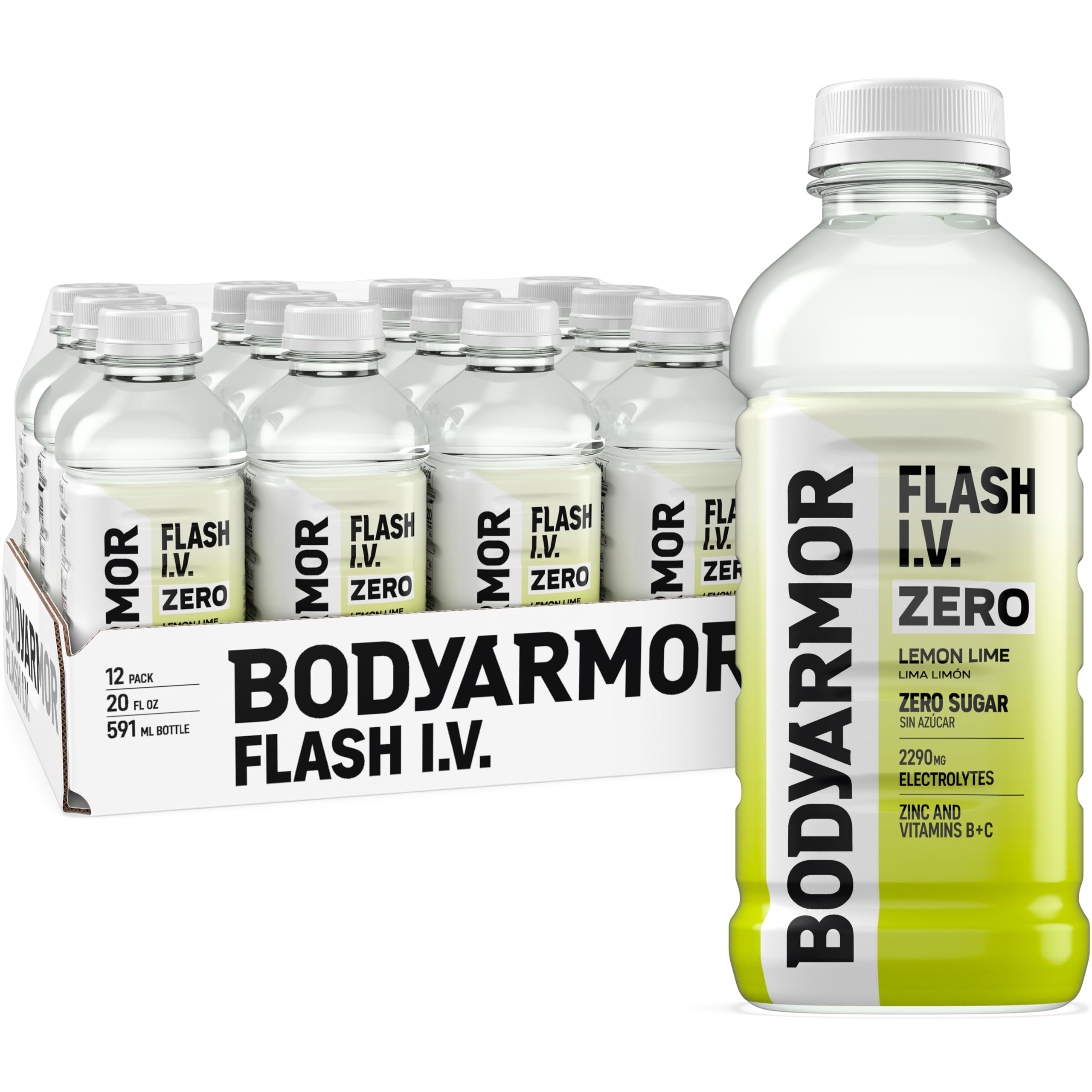BODYARMOR Flash I.V. Zero Sugar Lemon Lime bottle for rapid post-workout hydration