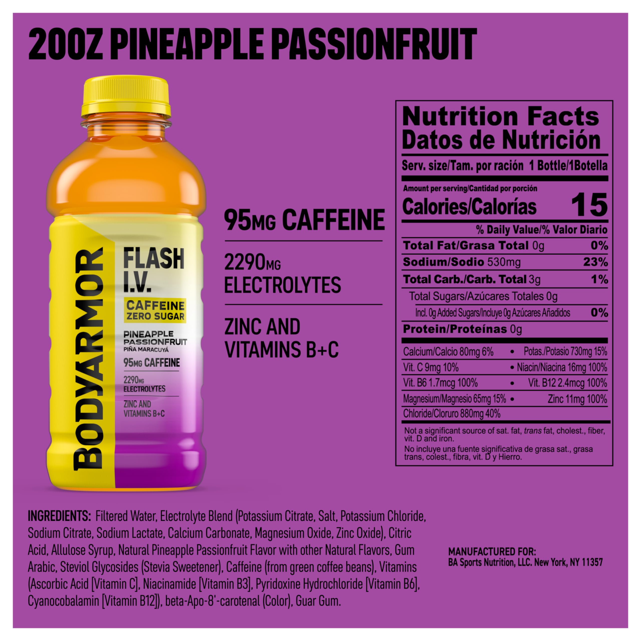 BODYARMOR Flash I.V. Zero Sugar Pineapple Passionfruit bottle pour for quick refreshment.