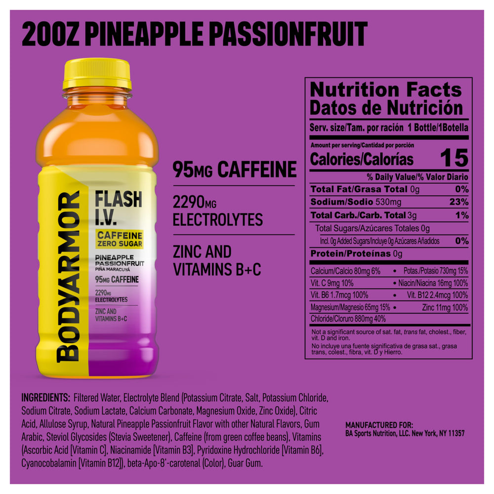 BODYARMOR Flash I.V. Zero Sugar Pineapple Passionfruit bottle pour for quick refreshment.