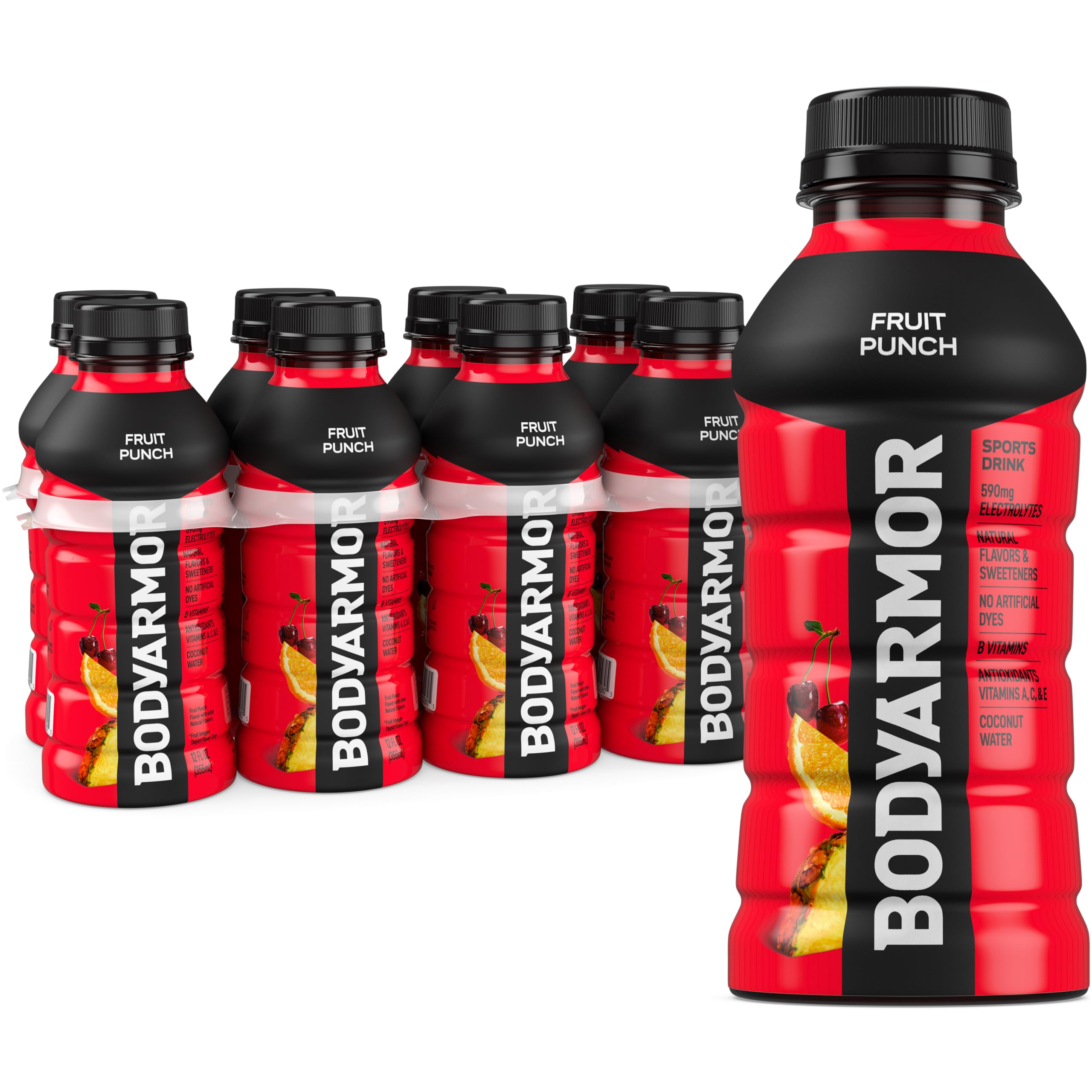 BODYARMOR Fruit Punch bottle front displays natural flavors for refreshing hydration