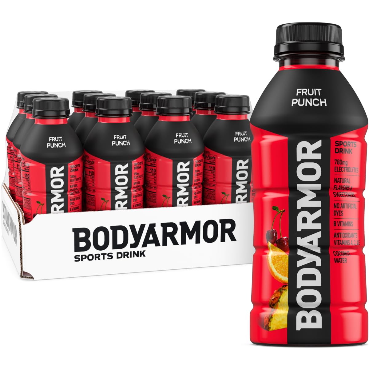 BODYARMOR fruit punch bottle for on-the-go hydration.