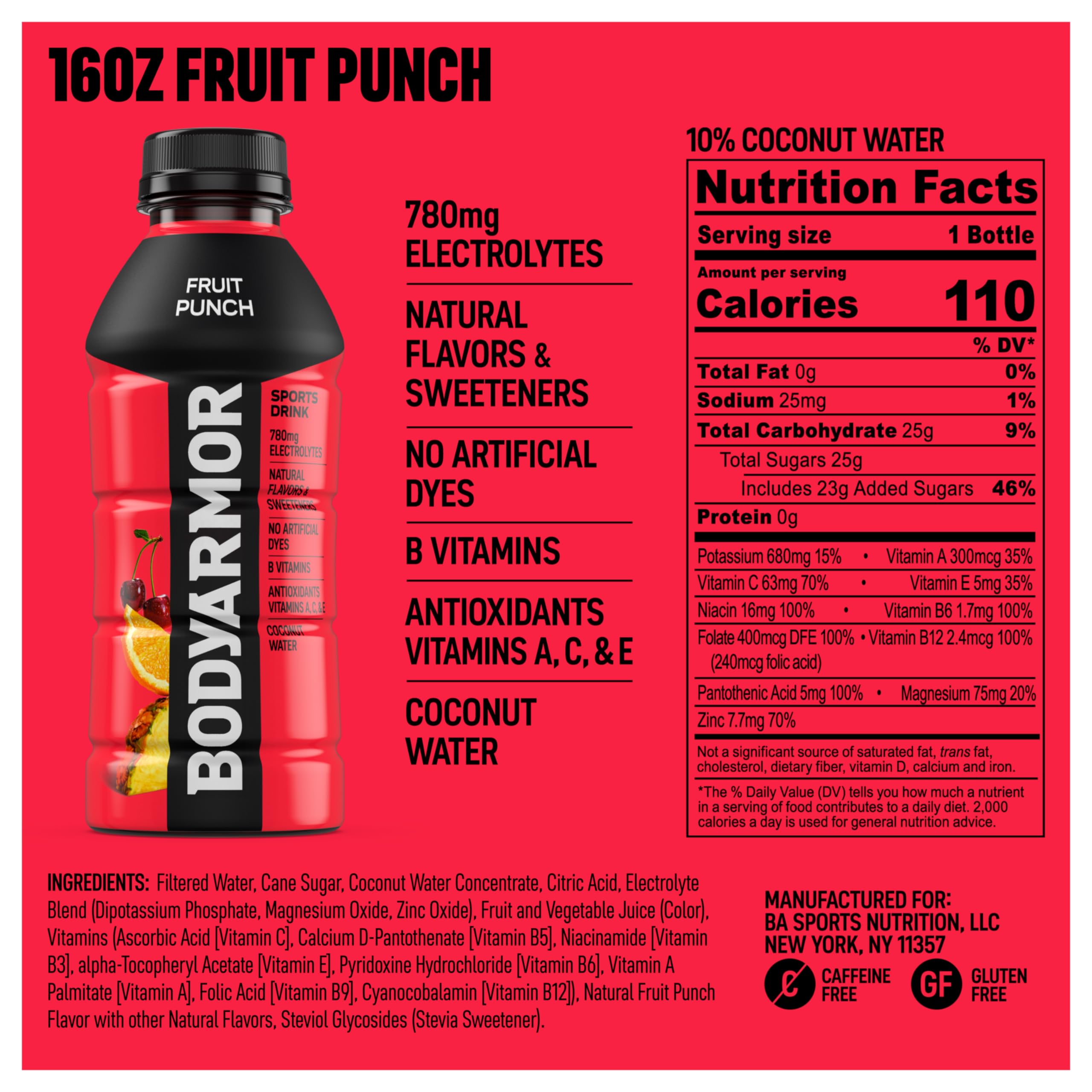 BODYARMOR Fruit Punch pour shows quick hydration during workouts.
