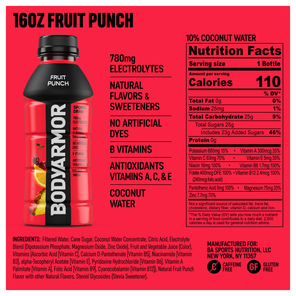 BODYARMOR Fruit Punch pour shows quick hydration during workouts.