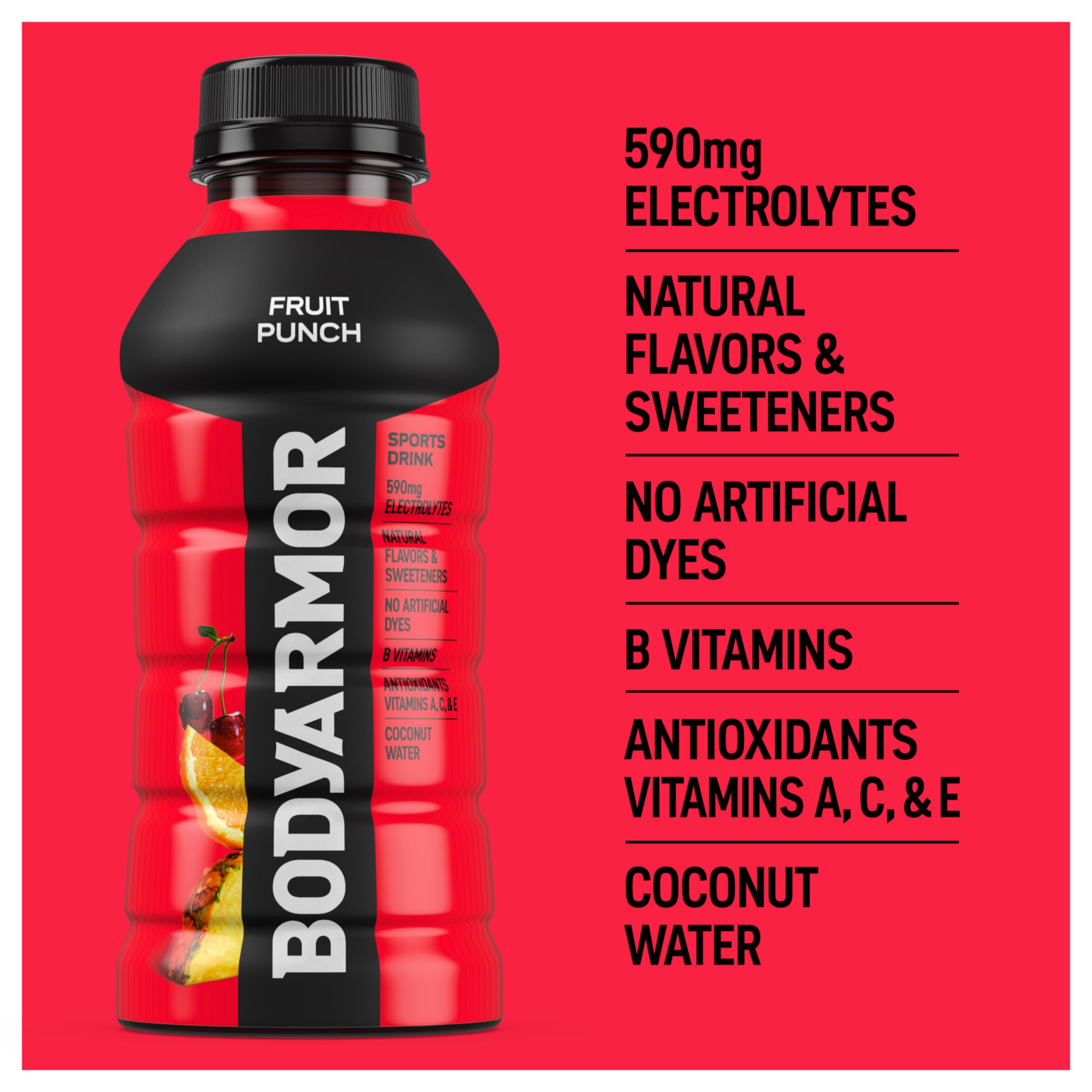 BODYARMOR Fruit Punch vitamins graphic highlights B vitamin blend