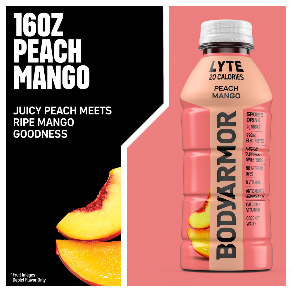 Pouring BODYARMOR LYTE peach mango emphasizes instant refreshment during workouts