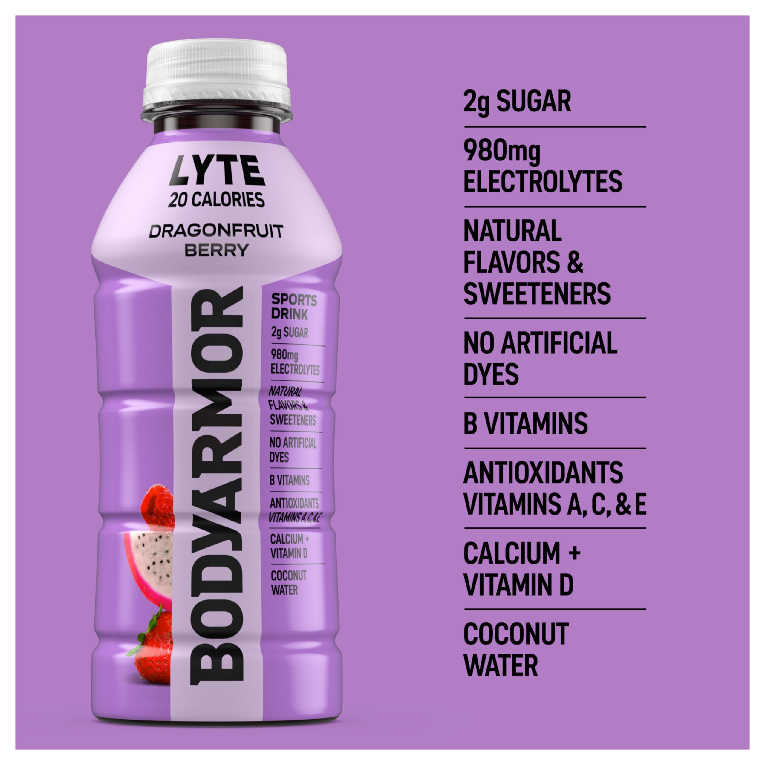 Coconut water base with electrolytes in BODYARMOR Lyte Dragonfruit Berry for balanced hydration.