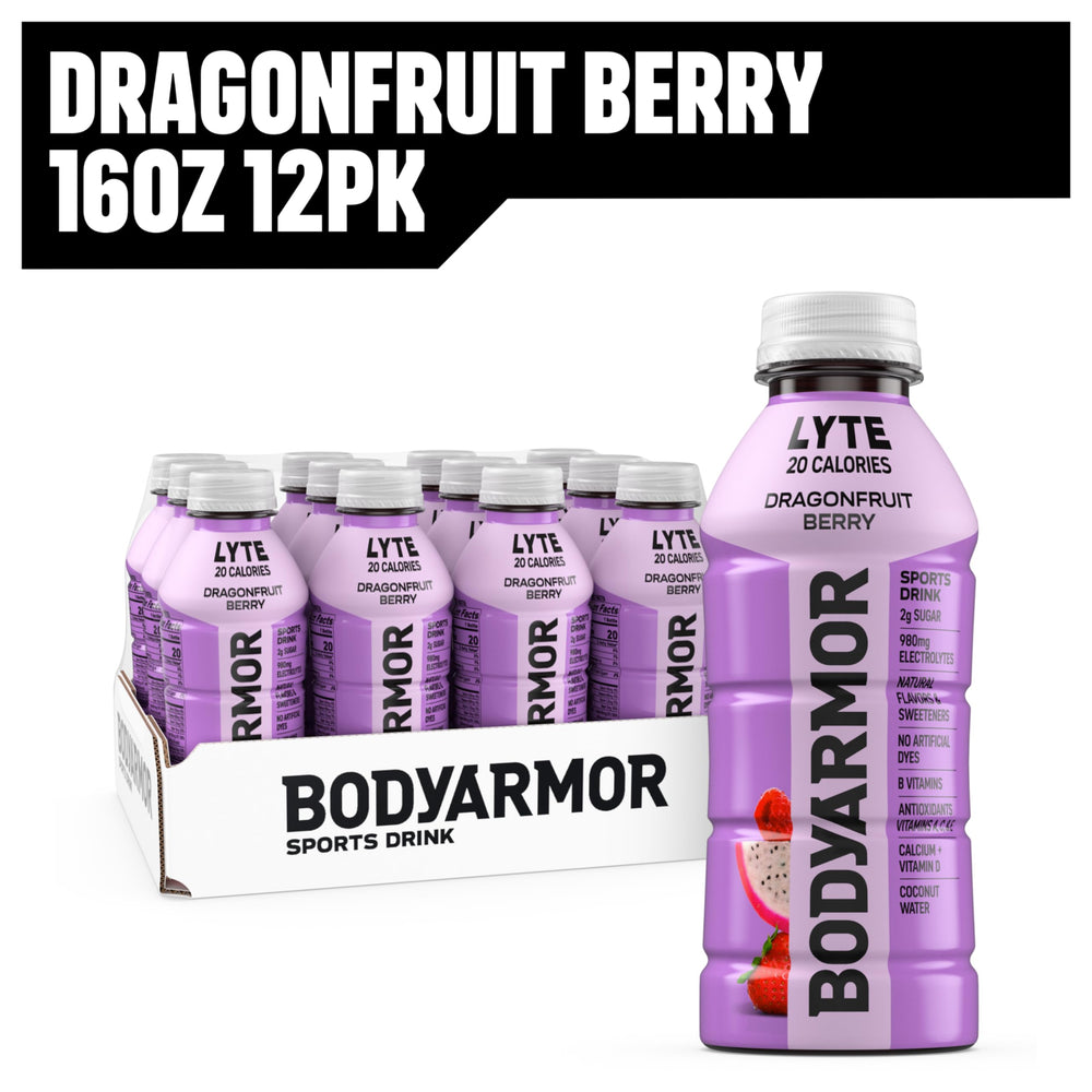 Chilled BODYARMOR LYTE Dragonfruit Berry on refrigerator shelf