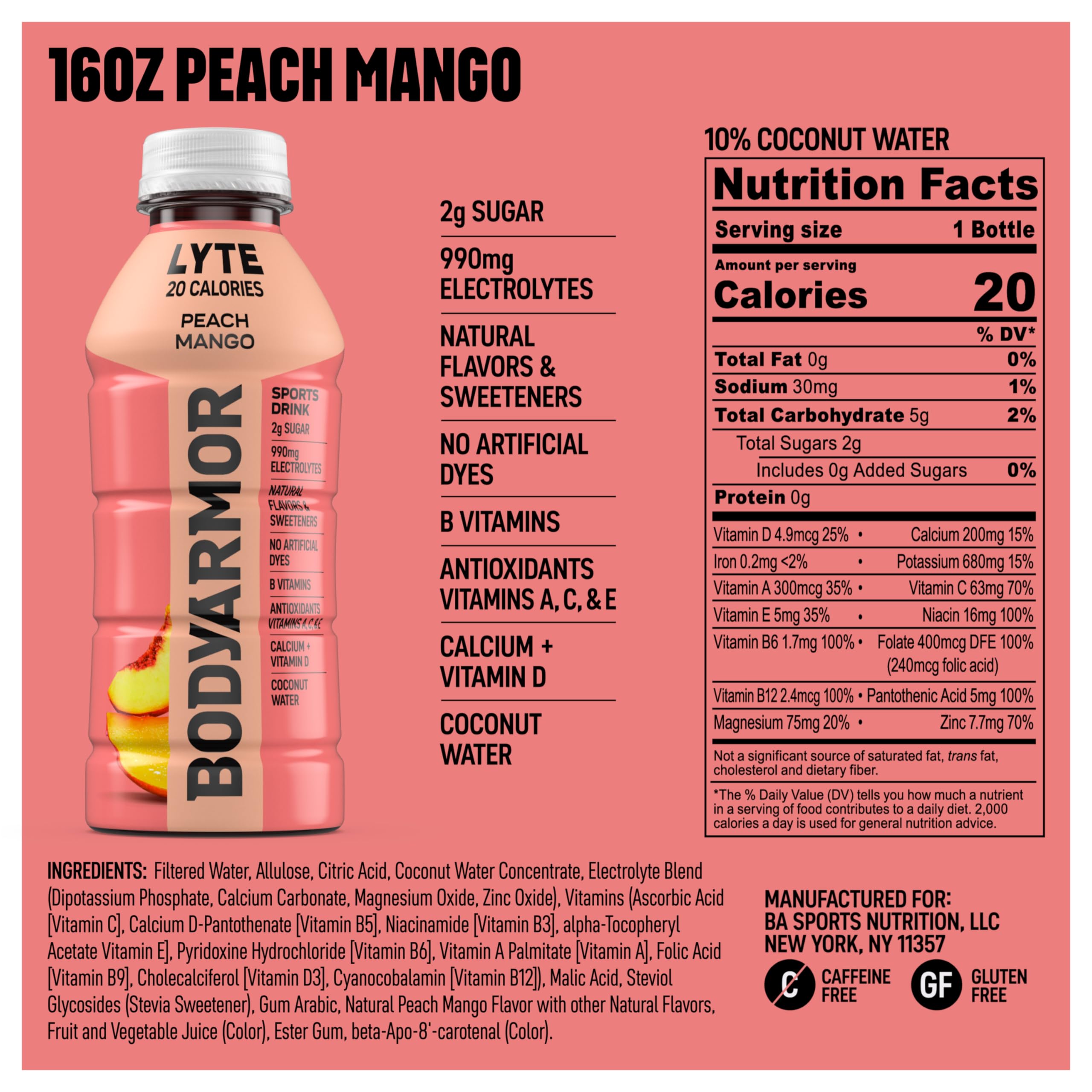 BODYARMOR LYTE bottle close-up showing no artificial dyes or flavors for clean hydration