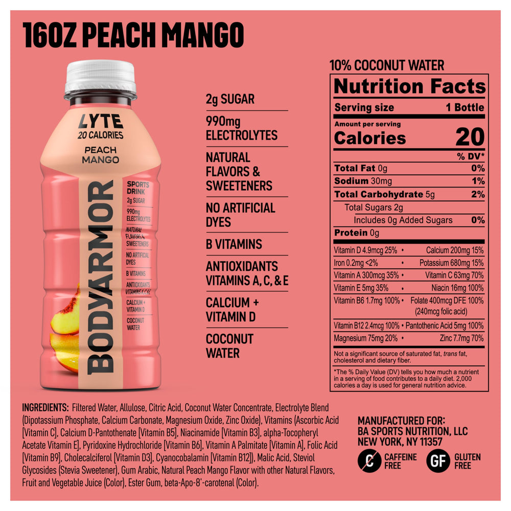 BODYARMOR LYTE bottle close-up showing no artificial dyes or flavors for clean hydration