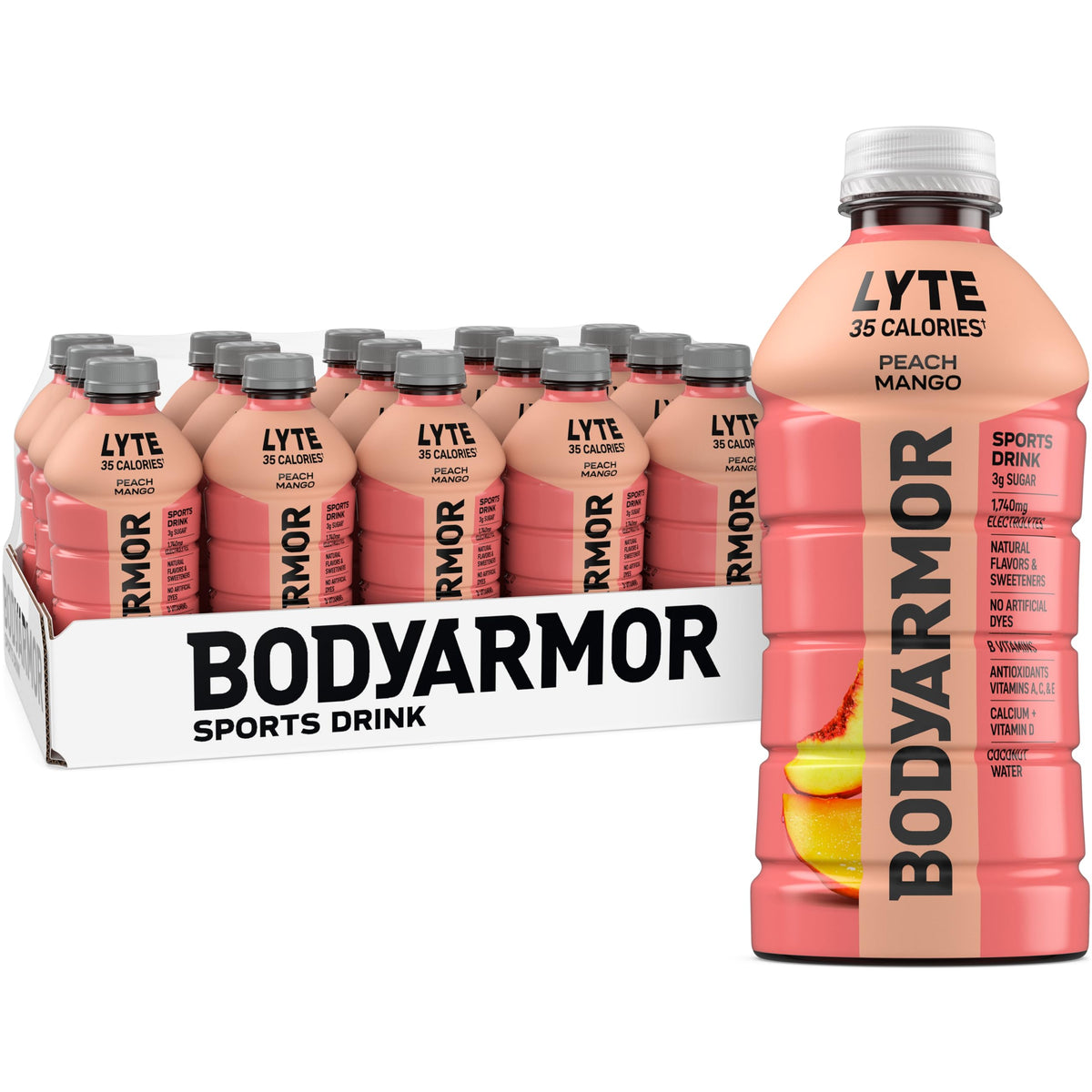 BodyArmor Lyte Peach Mango bottle front view for quick hydration