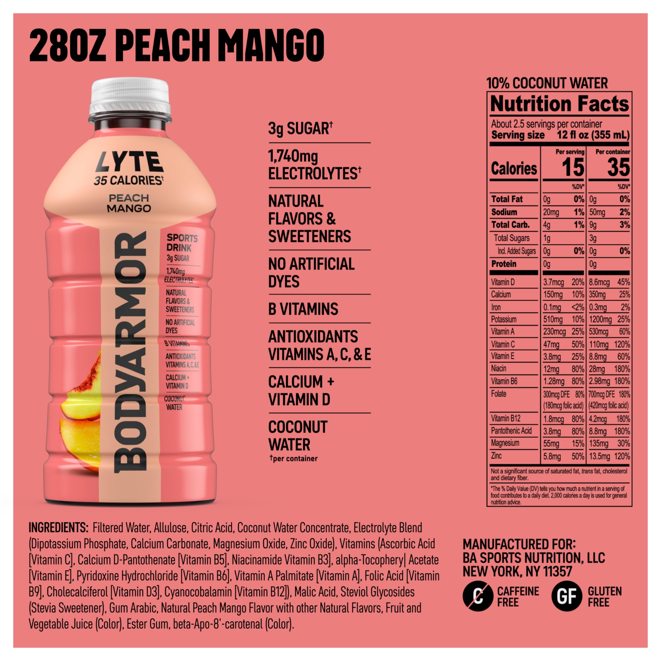 BodyArmor Lyte Peach Mango bottle label close-up highlighting clean ingredients