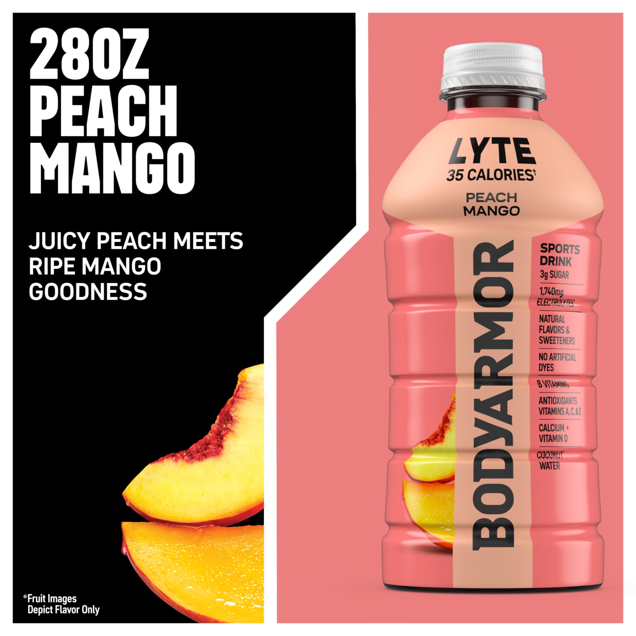 BodyArmor Lyte Peach Mango bottle being poured into glass for post-workout hydration