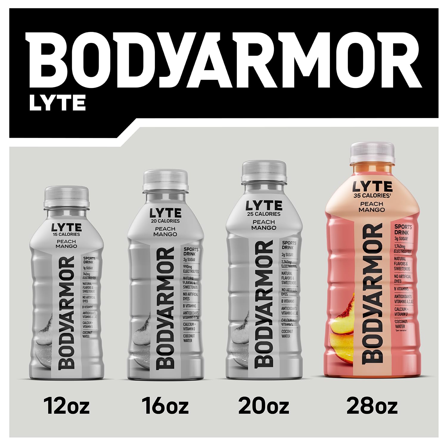 BodyArmor Lyte Peach Mango bottle with ice cubes