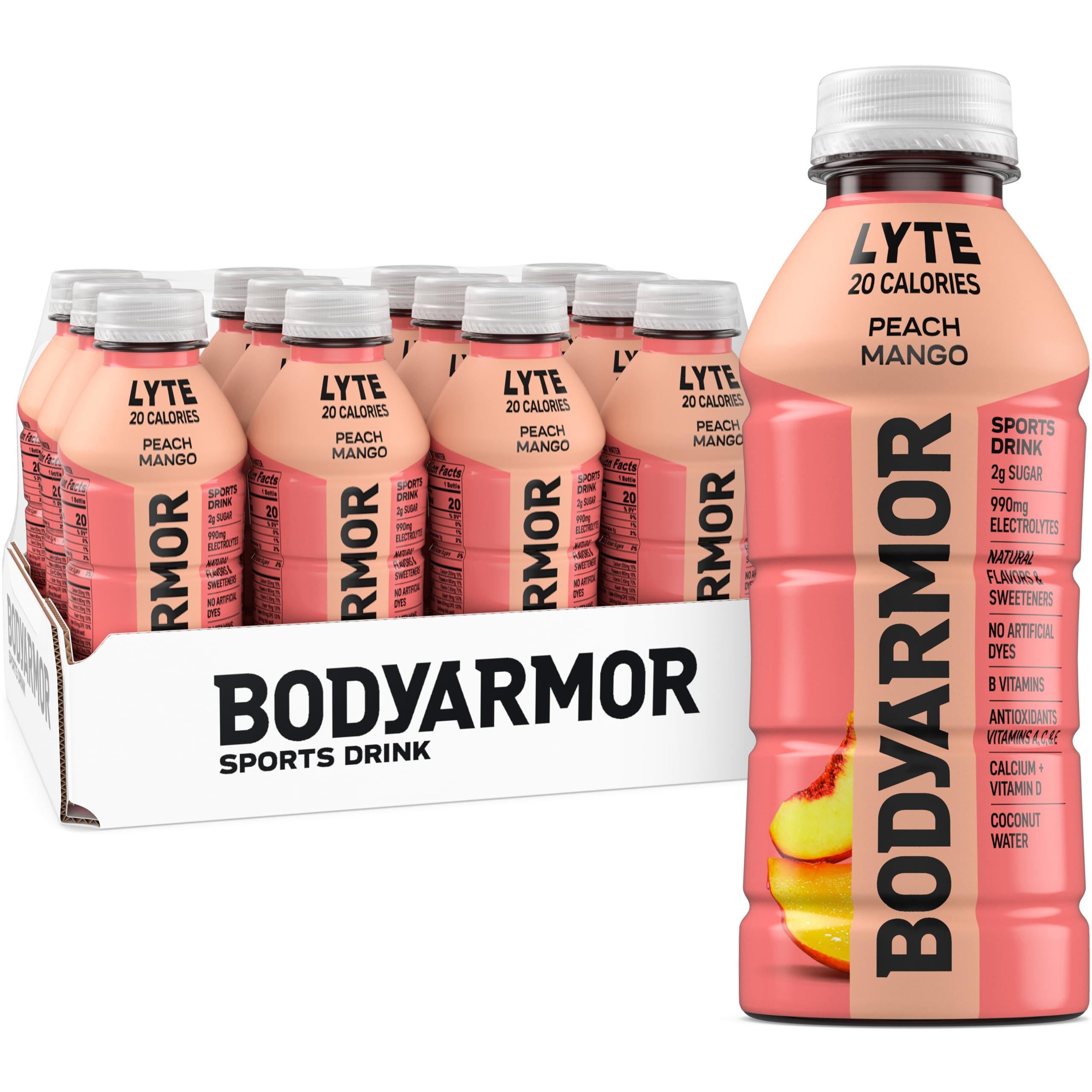 BODYARMOR LYTE peach mango bottle highlights coconut water hydration and electrolytes for athletes