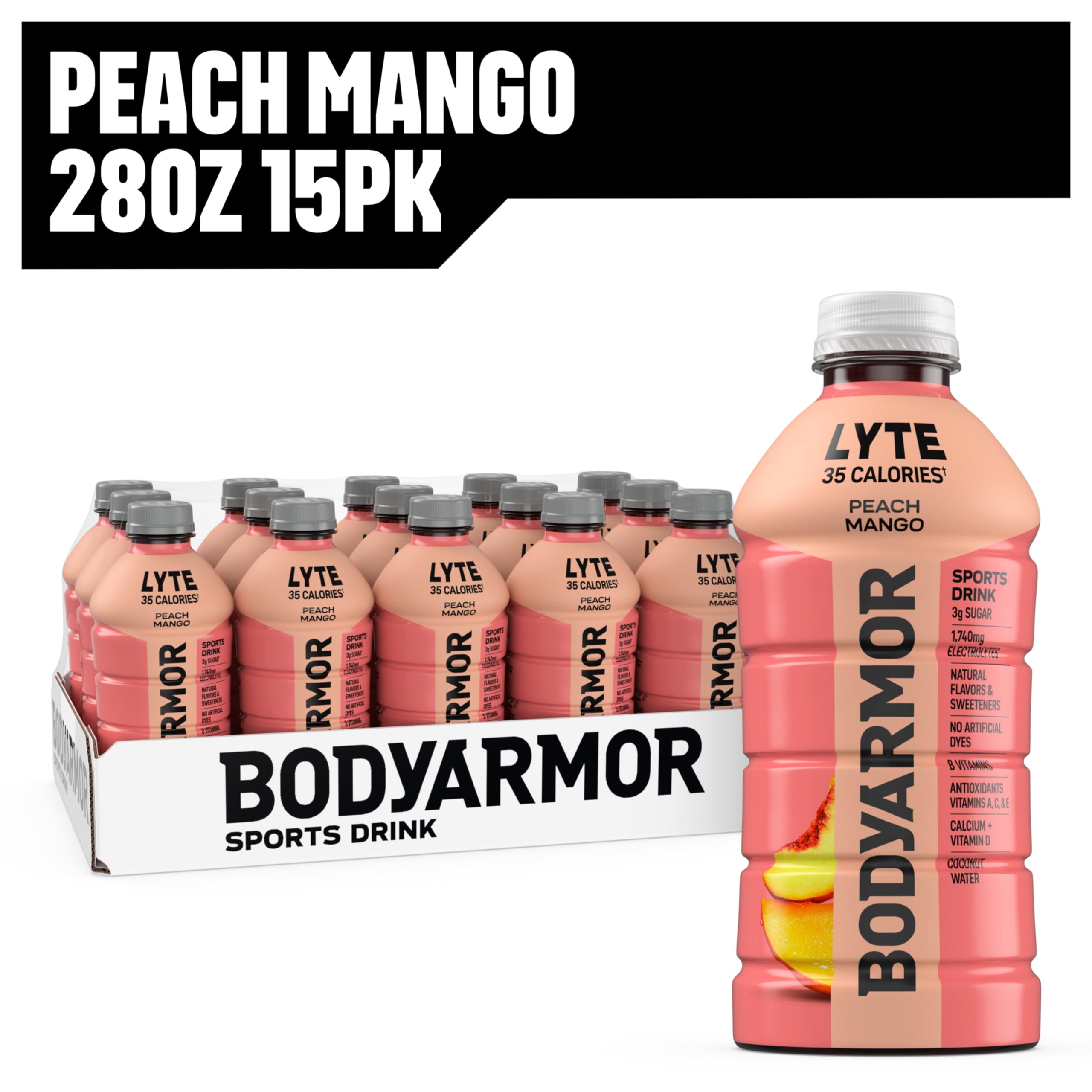 BodyArmor Lyte Peach Mango glass served with straw