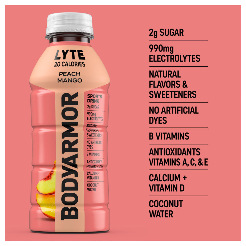BODYARMOR Lyte Peach Mango glass highlighting refreshing flavor