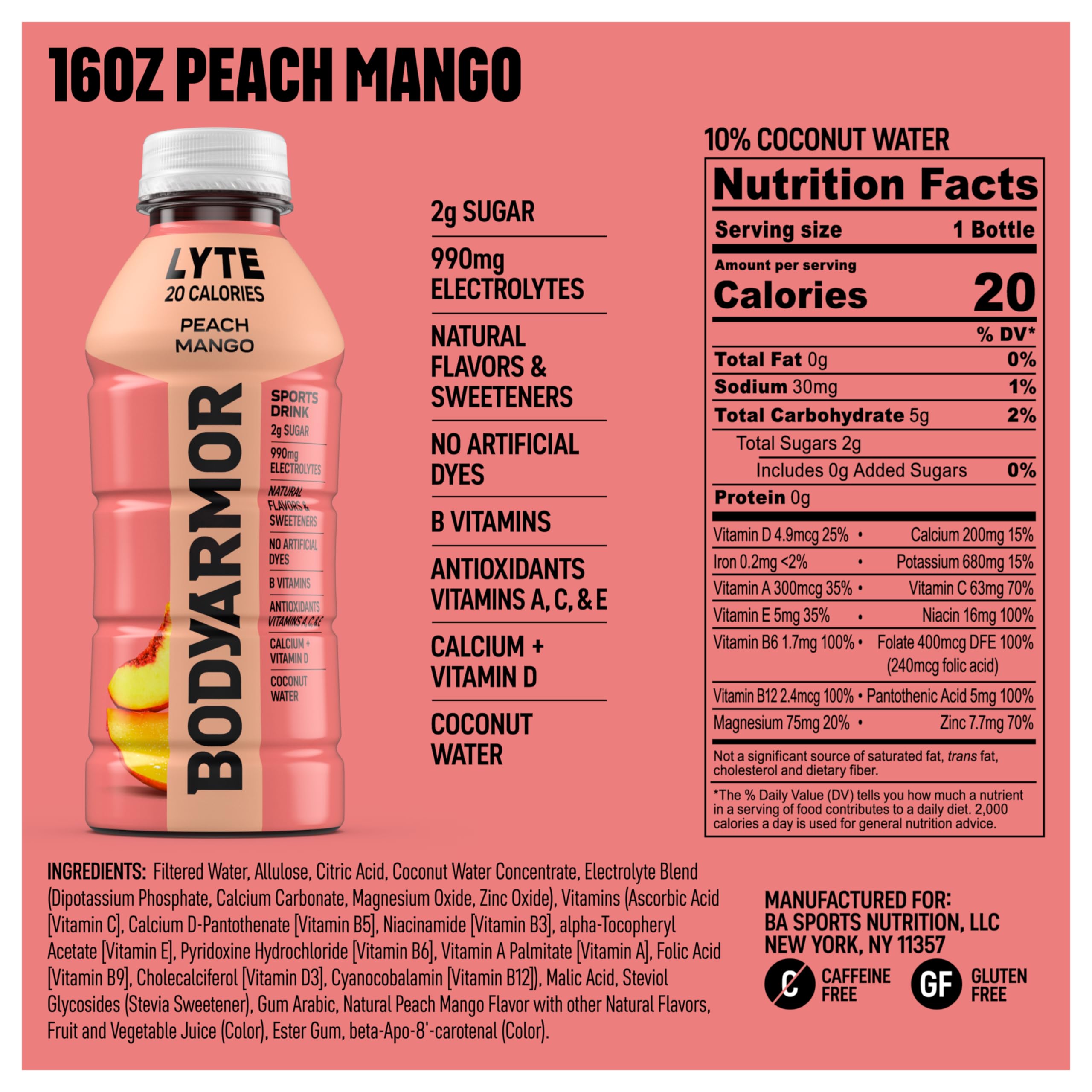 BODYARMOR Lyte Peach Mango pour showcasing on‑the‑go hydration