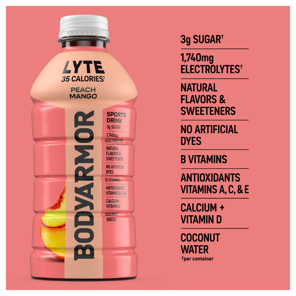 BodyArmor Lyte Peach Mango bottle chilling in refrigerator