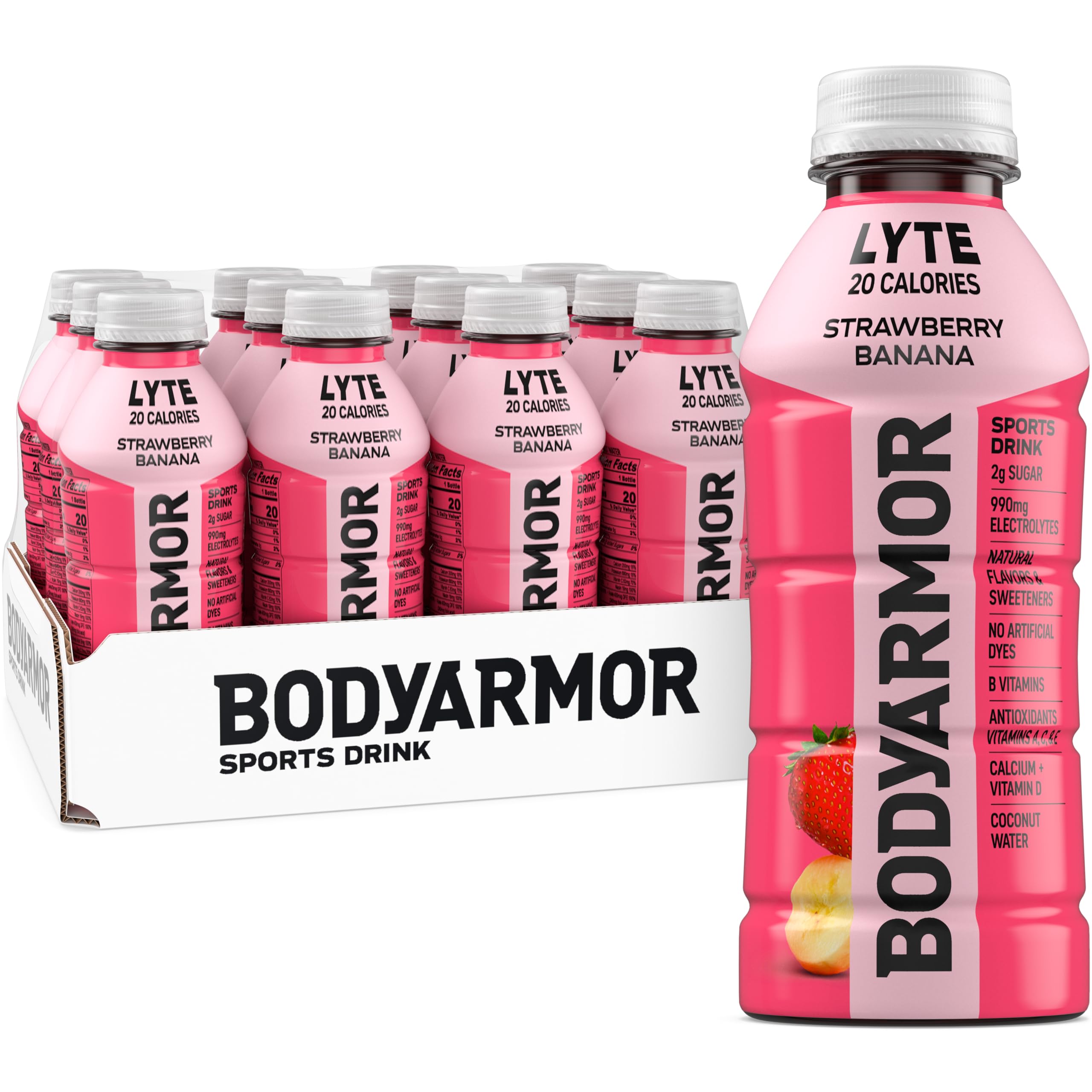 BODYARMOR LYTE strawberry-banana bottle with natural flavors for refreshing athlete hydration.