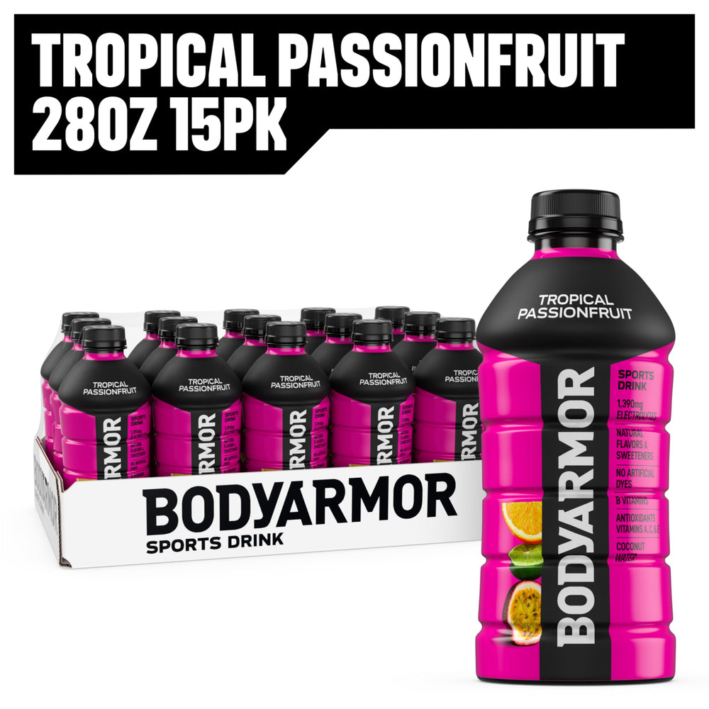 BODYARMOR Tropical Passionfruit on a gym shelf ready for hydration