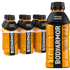 BODYARMOR Orange Mango bottle in a 6-pack showcases refreshed hydration for workouts.