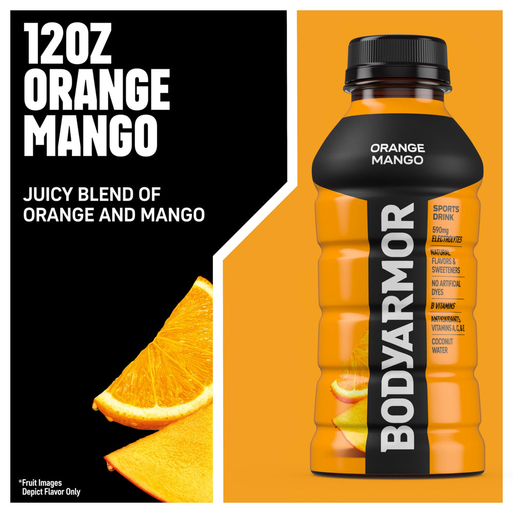 Close-up of BODYARMOR Apple Mango? Note: Orange Mango label highlights antioxidants and hydration.