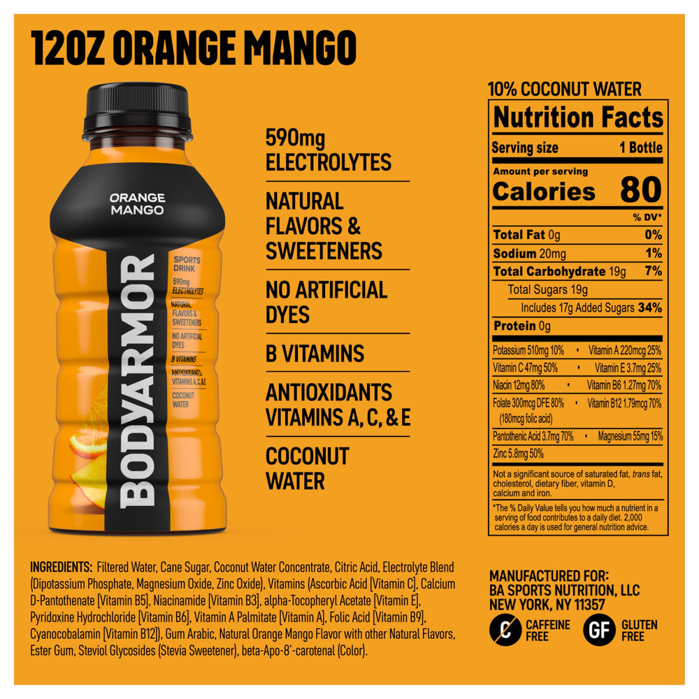 BODYARMOR Orange Mango front label showing vibrant hydration appeal for athletes.