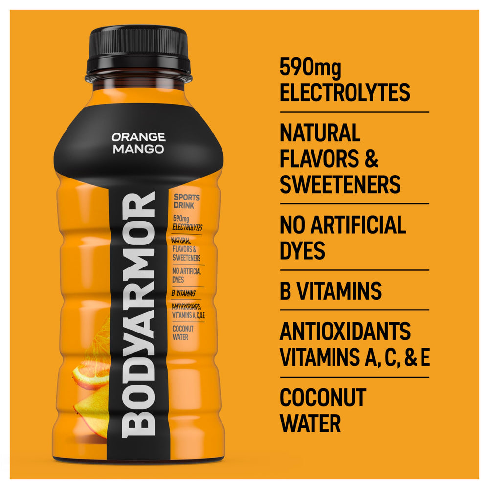 BODYARMOR Orange Mango bottle on gym bench during training.