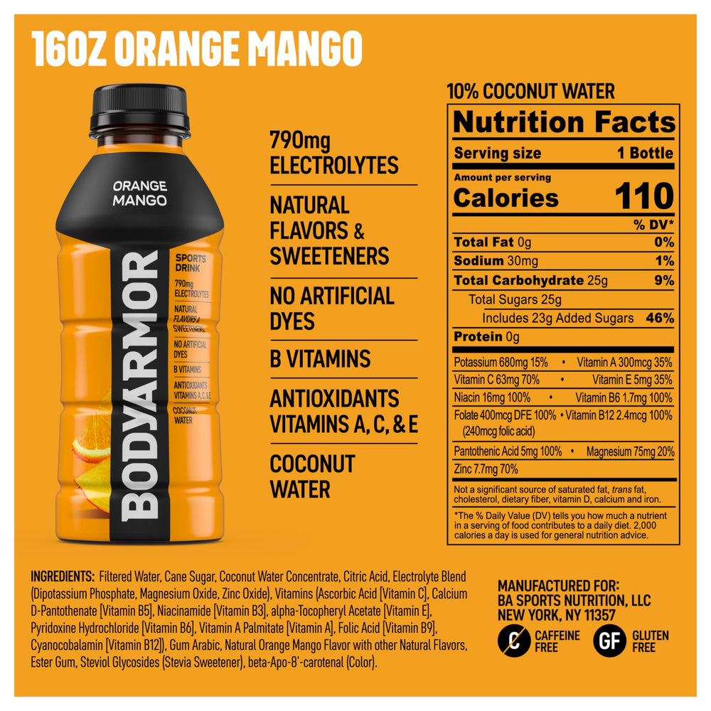 BODYARMOR Orange Mango bottle pour action, convenient hydration ready to sip