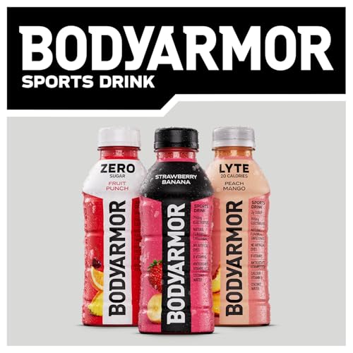 BODYARMOR Orange Mango bottle with glass to illustrate refreshing sip.