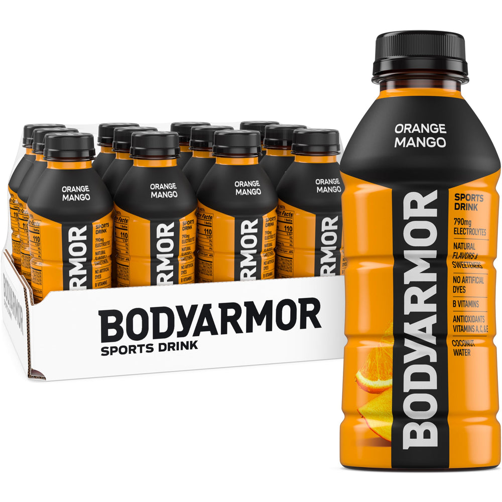 BODYARMOR Orange Mango bottle on shelf, signaling athletic hydration and easy access