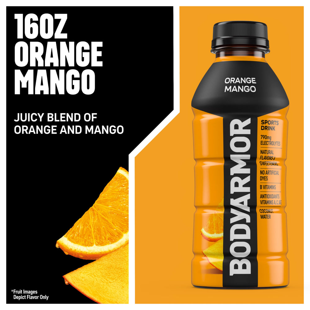 BODYARMOR Orange Mango label closeup showing natural flavors and clean ingredients