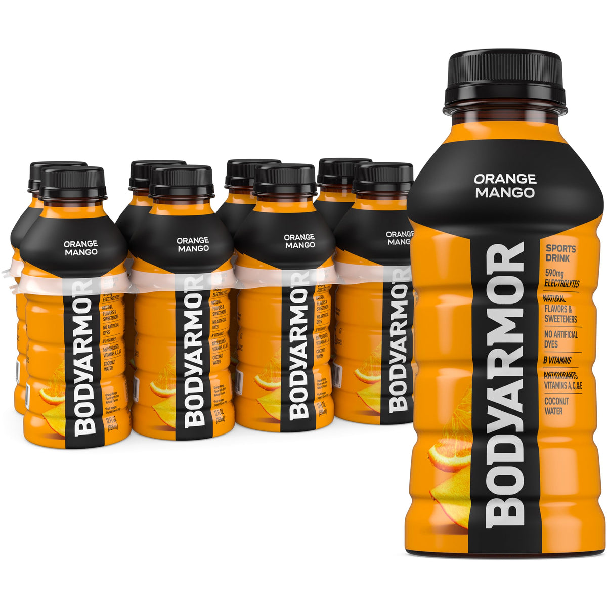 BODYARMOR Orange Mango bottle pouring for on-the-go workout hydration.