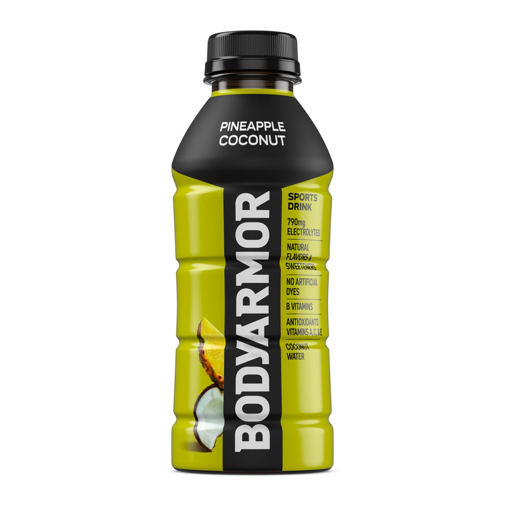 BODYARMOR pineapple coconut refresh splash emphasizes tropical flavor.