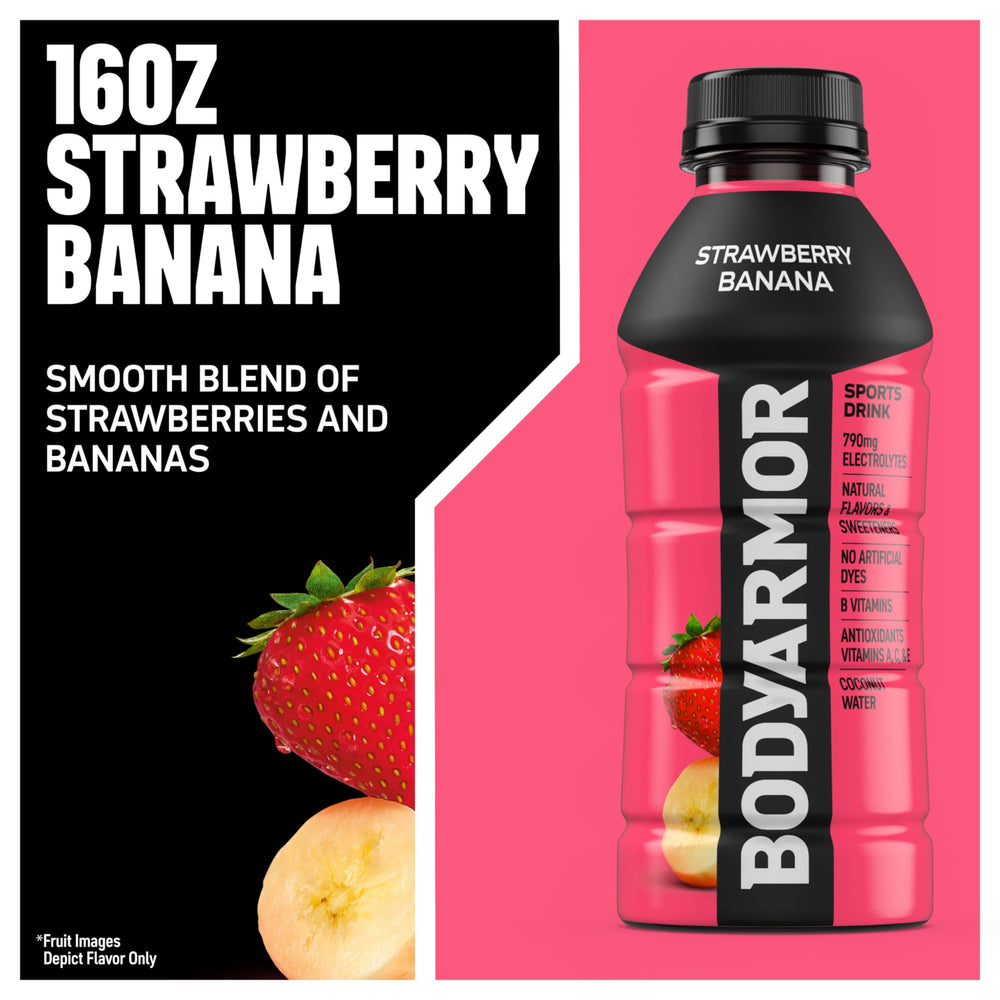 BODYARMOR 16oz bottle closeup showcases easy-to-grab sports drink.
