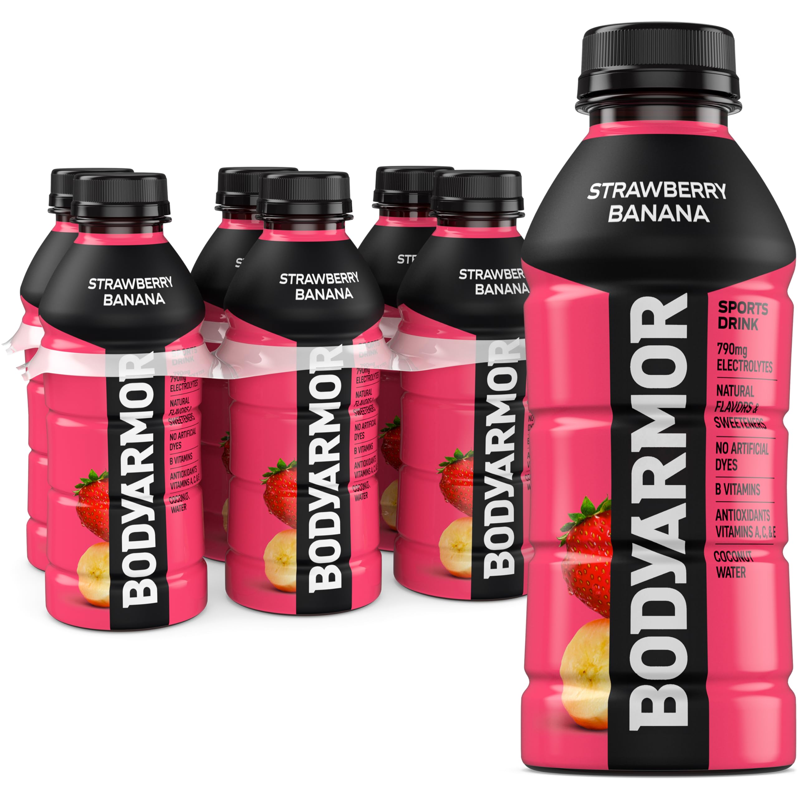 BODYARMOR Sports Drink Strawberry Banana bottle ready for on-the-go hydration before workouts.