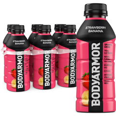 BODYARMOR Sports Drink Strawberry Banana bottle ready for on-the-go hydration before workouts.