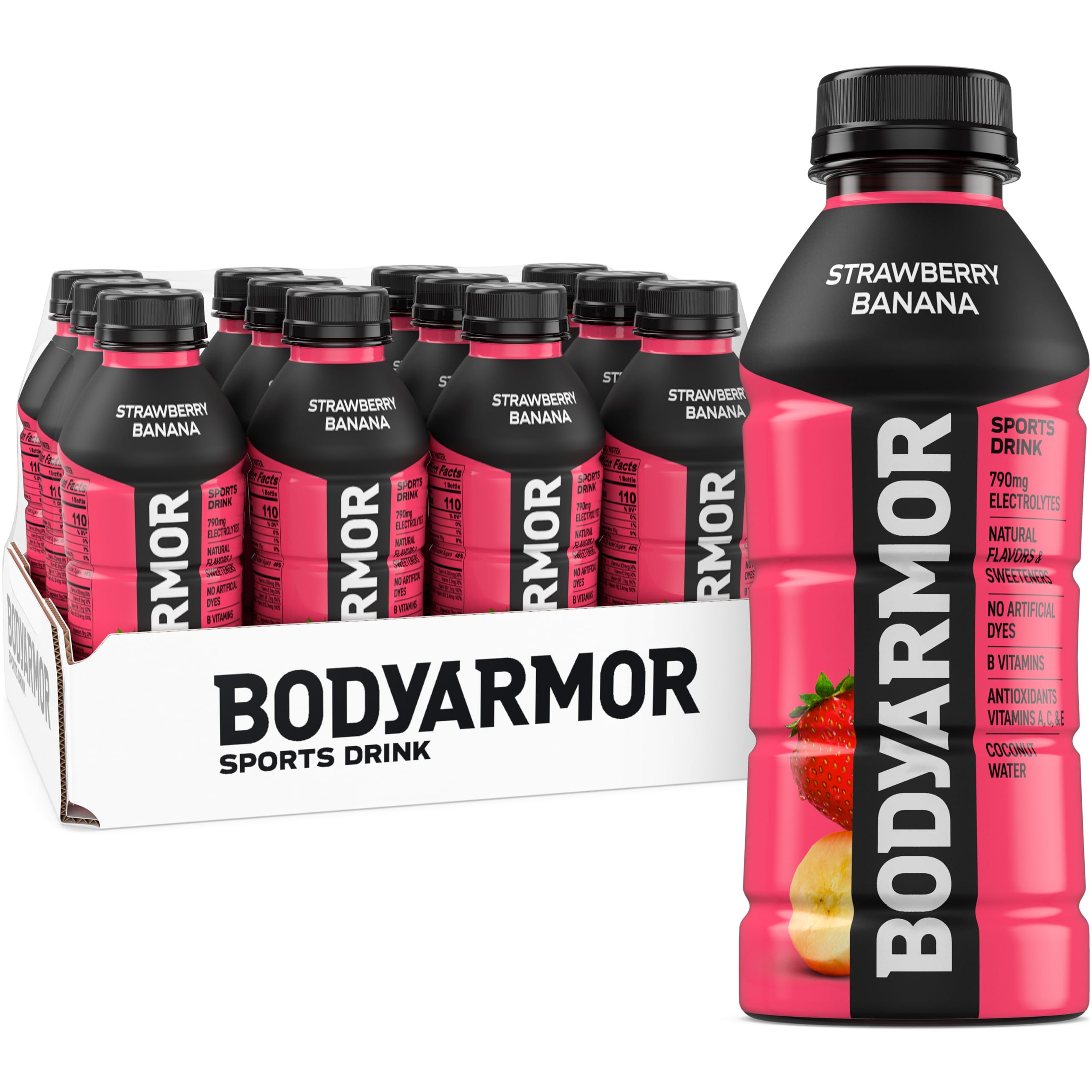 BODYARMOR Strawberry Banana bottles pack emphasizing hydration and on-the-go use.
